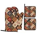 Red Boho Oven Mitts and Pot Holders Sets - Vintage Bohemian Kitchen Mitts Potholders 4 Pack Heat Resistant Retro Patterned Oven Gloves Hot Pads for Kitchen Baking Grilling Party