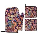 Red Boho Oven Mitts and Pot Holders Sets - Colorful Bohemian Kitchen Mitts Potholders 4 Pack Heat Resistant Vibrant Floral Oven Gloves Hot Pads for Kitchen Baking Grilling Party