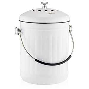 red factor premium compost bin for kitchen countertop - stainless steel food waste bucket with innovative dual filter technology - includes spare filters white 13 gallon