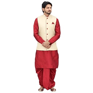 Red Kurta Dhoti With Golden Jacket