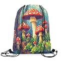 Red Mushroom String Bag 16X13 Inch Jungle Wild Plants Trees Sports Backpack Birthday Gifts Cartoon Pixelated Construct Games Drawstring Bags for Women Gym Shopping Sport Yoga