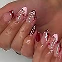 Red Press on Nails French Tip Fake Nails Medium Almond False Nail Press ons Glossy Full Cover Heart Glue on Nail with design for Women Valentines Manicure 24Pcs