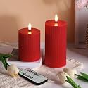 Red Ribbed Flameless Pillar Candles with Remote, Flickering LED Wax Candles Battery Operated Set of 2