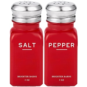 red salt and pepper shakers set by brighter barns - modern kitchen decor - cute glass salt and pepper set with stainless steel lid - modern kitchen accessories for home restaurant airbnb gift red