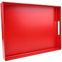 Red Serving Tray for Coffee Table, Rectangular Plastic Decorative Tray with Handles for Entertaining, Outdoor Patio, Living Room, Ottoman, Bathroom Counter, 11.8”*15.7”*1.6”