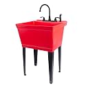 Red Utility Sink Laundry Tub with Matte Black Gooseneck Faucet by JS Jackson Supplies, Heavy Duty Slop Sinks for Basement, Laundry Room, Garage or Shop, Large Free Standing Wash Station