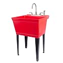 Red Utility Sink Laundry Tub with Stainless Finish Gooseneck Faucet by JS Jackson Supplies, Heavy Duty Slop Sinks for Basement, Laundry Room, Garage or Shop, Large Free Standing Wash Station