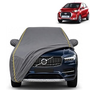 redi-go 100 waterproof car cover  dustproof sun protection cover  soft cotton lining  triple stitched  mirror pocket  antenna pocket  all weather body cover grey with yellow piping