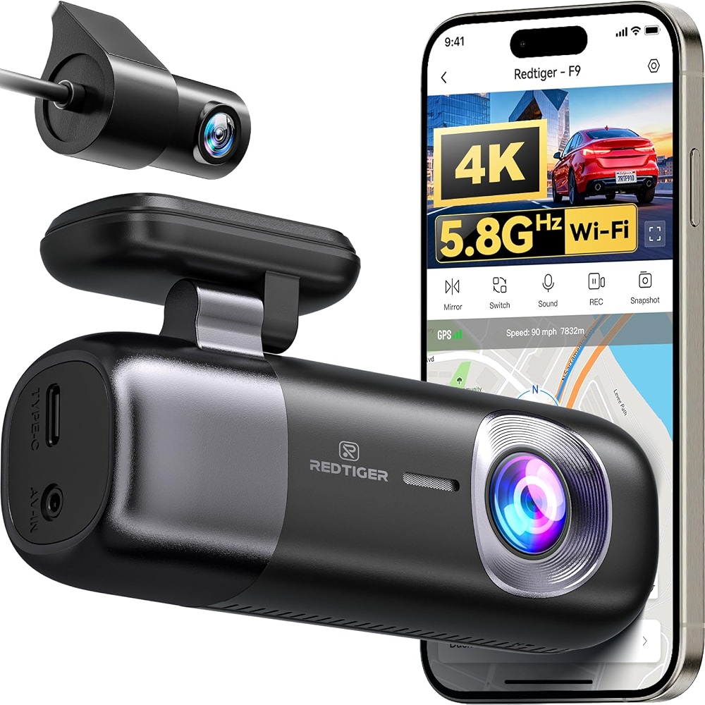 REDTIGER F9 Dash Cam for Car Front and Rear 4K+1080P, 5.8GHz WiFi GPS ...