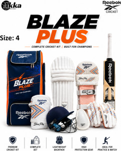 reebok blaze plus cricket kit kw bat helmet leg guards gloves kitbag boys  adults cricket kit