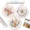 REEWISLY 3 Pack Embroidery Starter kit Patterns, DIY Adult Cross Stitch Kits Beginner, Including 3 Plastic Embroidery Rings, 1 Scissors, Colored Threads,Needles and Instructions