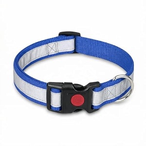 reflective dog collar with button lock  adjustable safety collar with reflective strip  secure amp comfortable pet collar for dog blue l