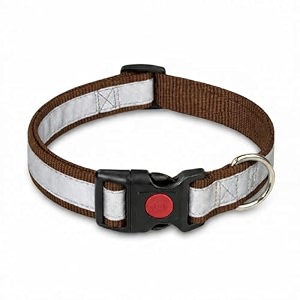 reflective dog collar with button lock  adjustable safety collar with reflective strip  secure amp comfortable pet collar for dog brown l
