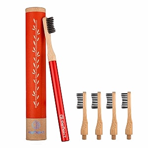 reflekt foreverhandle bamboo wooden toothbrush with aluminium handleampreplaceable 5 heads soft bristles anti bacterialeco-friendlyampno plastic brush suitable for adultsampkids teeth ruby redmanual