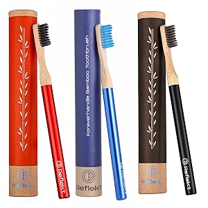 reflekt foreverhandle bamboo wooden toothbrush with aluminium handle amp replaceable heads with soft bristles eco-friendly no plastic brush suitable for adults amp kids teeth blue red black