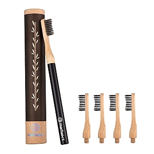 reflekt foreverhandle bamboo wooden toothbrush with aluminium handleampreplaceable 5heads soft bristles anti bacterialeco-friendlyampno plastic brush suitable for adultsampkids teeth starry blackmanual