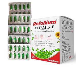 refollium vitamin e capsule for glowing face skin and hair nutrition 50 capsules 100 grams