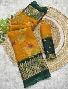 RegalDrapes Printed Mysore Georgette Saree Mustard