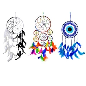 reiki crystal products ying yang evil eye 7 round wall hanging dream catcher for positive energy and protections pack of combo 3 pc