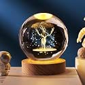 Reindeer LED Light Crystal Ball Night Light, Glass Ball Night Lamp with Woodern Base, Decorations Gifts for Men, Women, Kids, Boys, Girls, Teens (Reindeer Light)