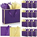 ReliThick 12 Pack Paper Gift Bag with Handles &amp; Tissue, Dark Purple, Gold