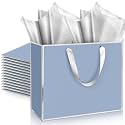 ReliThick 12 Pack Paper Gift Bag with Handles &amp; Tissue, Dusty Blue, Silver