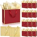 ReliThick 12 Pack Paper Gift Bag with Handles &amp; Tissue, Burgundy Red,Gold