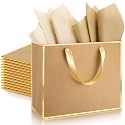 ReliThick 12 Pack Paper Gift Bag with Handles &amp; Tissue, Kraft, Gold