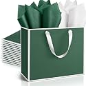 ReliThick 12 Pack Paper Gift Bag with Handles &amp; Tissue, Green, White