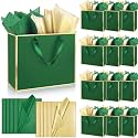 ReliThick 12 Pack Paper Gift Bag with Handles &amp; Tissue, Green, Gold