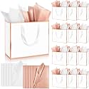 ReliThick 12 Pack Paper Gift Bag with Handles &amp; Tissue, Rose Gold, White