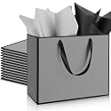 ReliThick 12 Pack Paper Gift Bag with Handles &amp; Tissue, Gray, Black