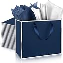 ReliThick 12 Pack Paper Gift Bag with Handles &amp; Tissue, Navy Blue, Silver