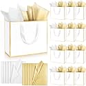 ReliThick 12 Pack Paper Gift Bag with Handles &amp; Tissue, White, Gold