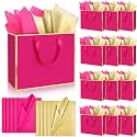 ReliThick 12 Pack Paper Gift Bag with Handles &amp; Tissue, Hot Pink, Gold