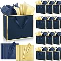 ReliThick 12 Pack Paper Gift Bag with Handles &amp; Tissue, Navy Blue, Gold