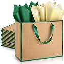 ReliThick 12 Pack Paper Gift Bag with Handles &amp; Tissue, Kraft, Green