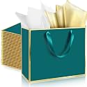 ReliThick 12 Pack Paper Gift Bag with Handles &amp; Tissue, Turquoise,Gold