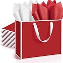 ReliThick 12 Pack Paper Gift Bag with Handles &amp; Tissue, Red, White