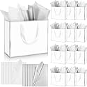 ReliThick 12 Pack Paper Gift Bag with Handles & Tissue, White, Silver