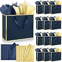 ReliThick 24 Pack Paper Gift Bag with Handles &amp; Tissue, Navy Blue Gold