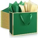 ReliThick 24 Pack Paper Gift Bag with Handles &amp; Tissue, Green Gold
