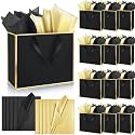 ReliThick 24 Pack Paper Gift Bag with Handles &amp; Tissue, Black Gold