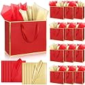 ReliThick 24 Pack Paper Gift Bag with Handles &amp; Tissue, Red Gold