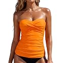 RELLECIGA Women's Tummy Control Tankini Top Bandeau Strapless Swim Tops