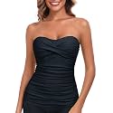 RELLECIGA Women's Tummy Control Tankini Top Bandeau Strapless Swim Tops