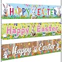 Remagr 3 Pcs Happy Easter Banners for Outside Garden 98 x 18 Inch Large Long Spring Bunny Banner Egg Hunt Decorations Butterfly Flower for Indoor Easters Theme Party Rustic Lawn Sign