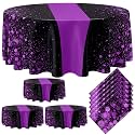 Remagr 6 Pcs Black and Purple 84Inch Round Plastic Tablecloth Disposable