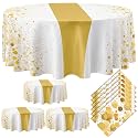Remagr 8 Pcs White and Gold 84Inch Round Plastic Tablecloth Disposable