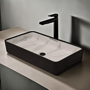 remanence designer table top wash basin for bathroom  ceramic bathroom sink  wash basin over counter bathroom basin 24 x 14 x 4 inch designer black n grey stripe sl 66